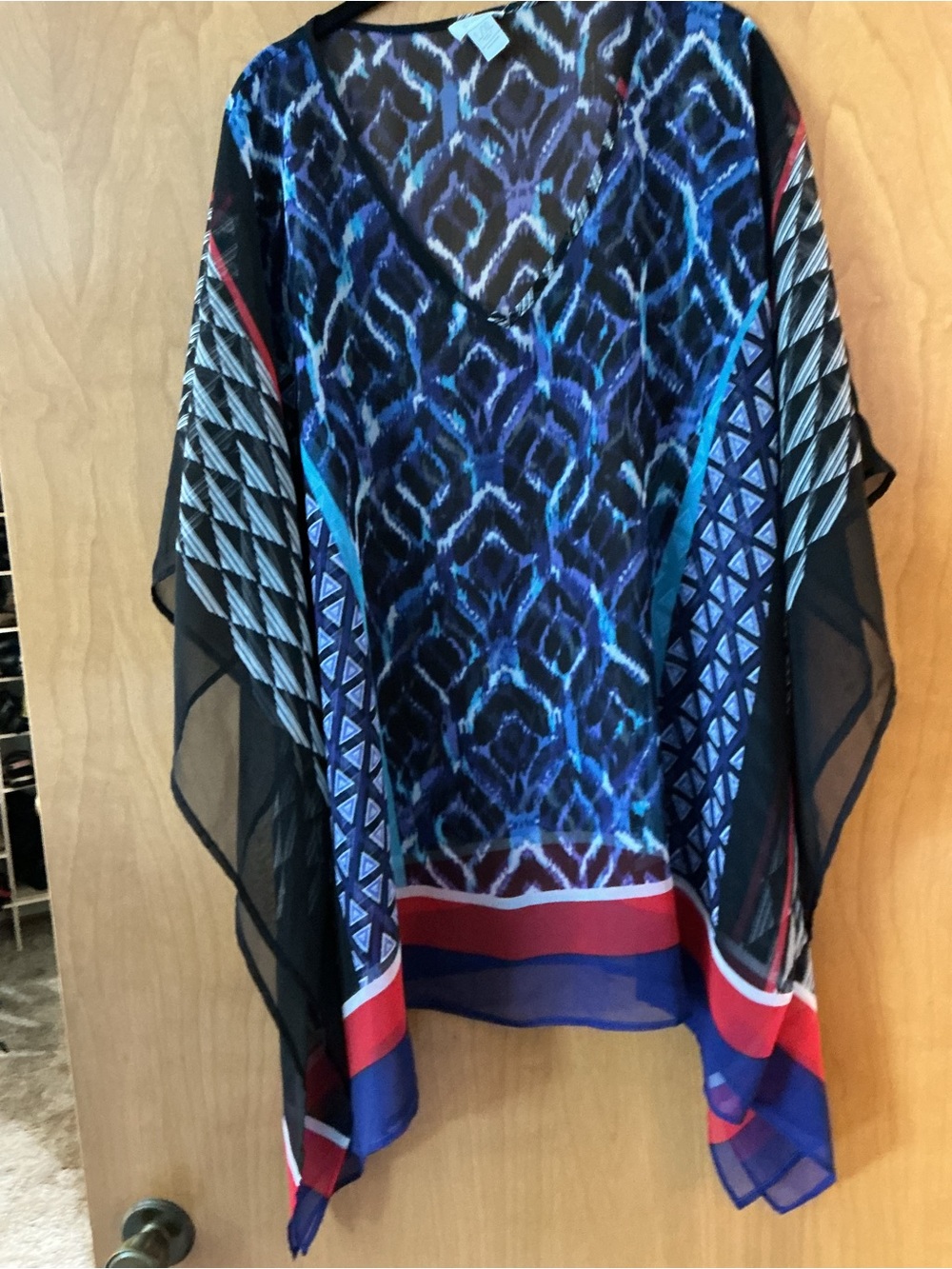 Chico’s Sheer Red, White & Blue Shear Poncho L/ XL